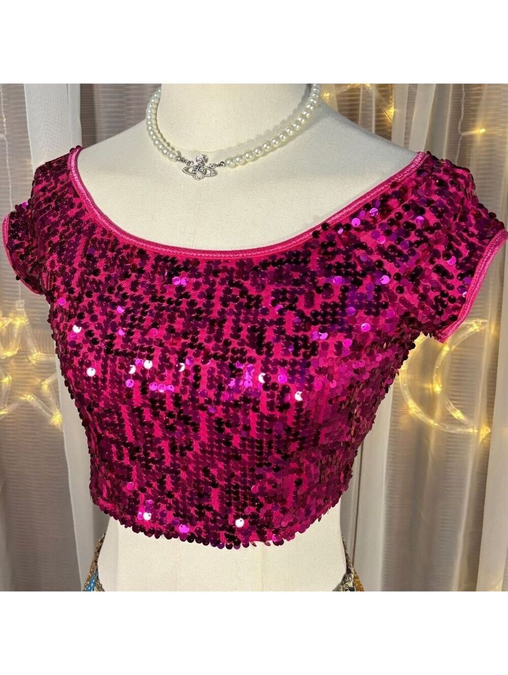 Balera Pink Sequin Crop Top Dancewear Y2K Barbiecore Party Festival Crop Disco